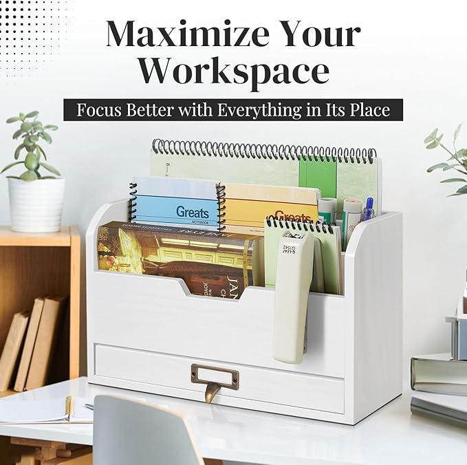 Flexzion 3 Tier Wooden Desk Organizer - Country Rustic Mail Organizer Countertop Compartments Slot File Tray Pencil Sorter Shelf Holder Accessories Set with Storage Drawer for Home Office, Beige Wood