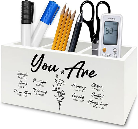 QZQE You Are Christian Pen Pencil Holder Organizer for Desk, Christian Gifts for Women, Floral Inspirational Bible Verse Wooden Box Signs Decorations for Home Office Desk Tabletop