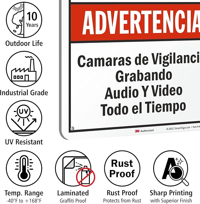 SmartSign 18 x 12 inch “Warning - Audio & Video Surveillance On Duty At All Times” Bilingual Sign, 63 mil Aluminum, 3M Laminated Engineer Grade Reflective Material, Red, Black and White, USA-Made
