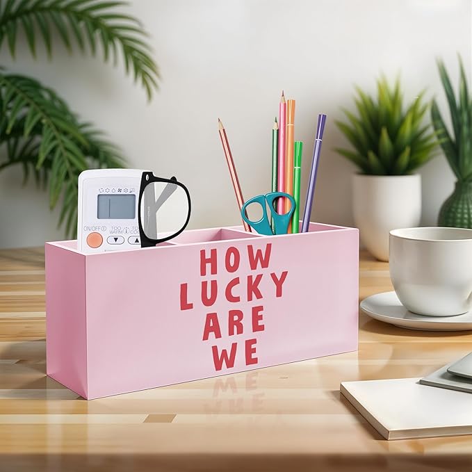 Exqcom Pink Positive Quotes Makeup Brush Holder, Pink Preppy Toothbrush Holders for Girls Bathroom, How Lucky Are We Pen Holder Organizer for Dorm Bedroom Desk Accessories