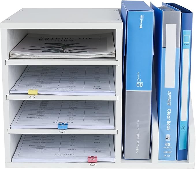 PAG Wood Desktop File Holder Organizer Mail Sorter, White, 15.35" W x 12.16" D x 11.81" H