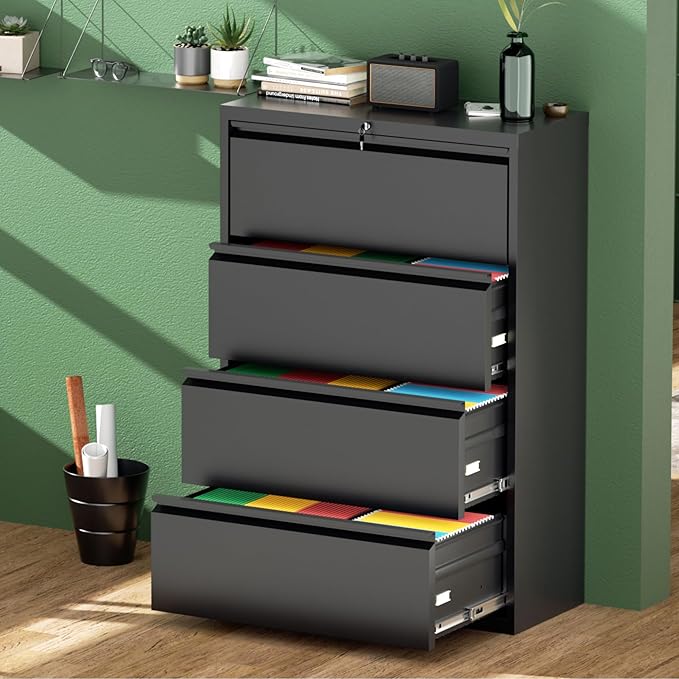 Greenvelly 4 Drawer File Cabinet, Metal Filing Cabinet with Lock, Black Lateral File Cabinet for Home Office, Locking File Cabinet for Letter/Legal/F4/A4 Size Hanging Files, Easy Assembly
