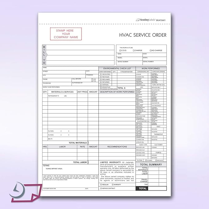 HVAC Service Order Invoice & Repair Detail Form, 3 Part Forms Carbonless (No Company Name Printed) 100 Sets