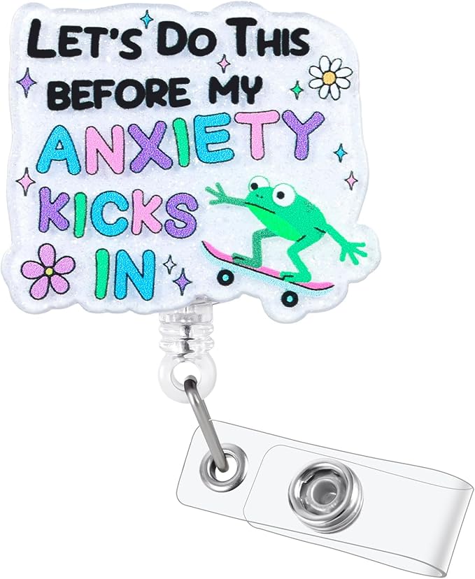 Let's Do This Before My Anxiety Kicks In Funny Skateboarding Frog Nurse Badge Reel, Cute Retractable ID Card Badge Holder, Name Tag Badge Clip for RN CNA LPN Nurse Nursing Student Doctor Social Worker