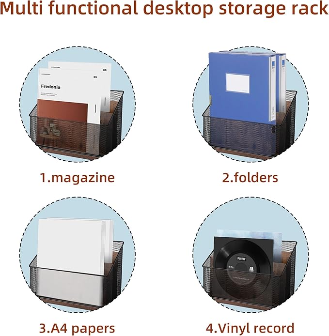 ASIFMTHOT 3-Tier Vertical File Storage with Retro Wooden Desk Mail Organizer and Metal Mesh Desktop Organizer for Home Office