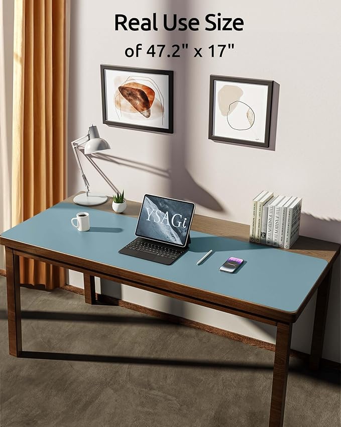 YSAGi Leather Desk Protector, Office Mat, Large Mouse Mat, Non-Slip PU Leather Blotter, Laptop Pad, Waterproof Writing Pad for Office and Home (Ice Blue, 47" x 17")