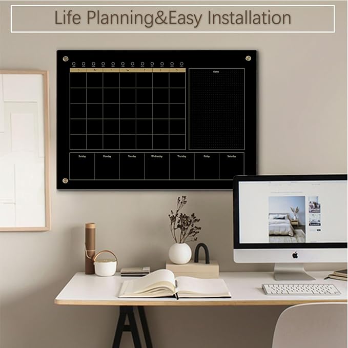 Black Glass 3-1 Monthly Dry Erase Calendar Whiteboard for Wall,24"x 36",Frameless Mounting,Office/School/Home, Frameless Large Planner White Board