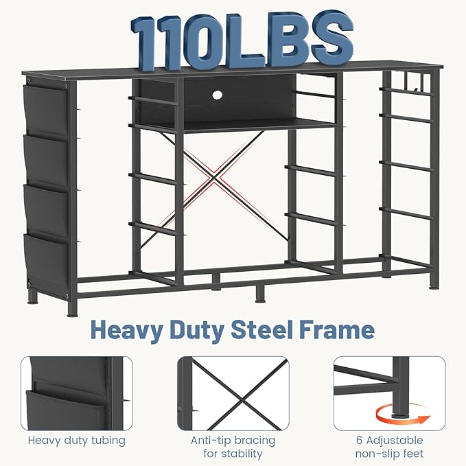 HCHQHS 47 Inch Dresser for Bedroom with 13 Drawers,Side Pockets Hooks and Lights with Remote Control,Hallway,Closet,Kitchen,Large TV Stand (Black)