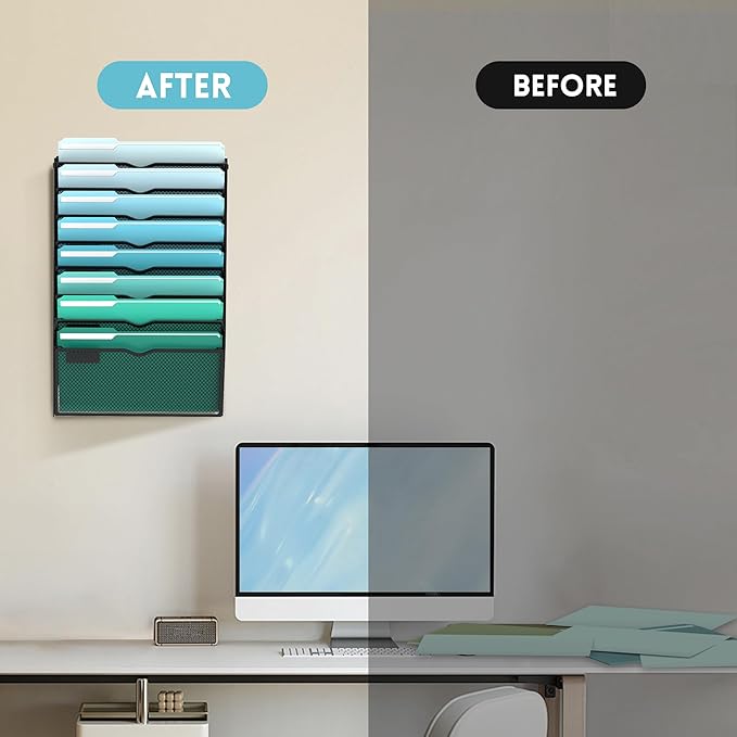 SUPEASY 8-Tier Wall File Organizer, Hanging Wall Files for Papers, Folders, Magazines, Wall Organizer for Clipboard, Assembly Needed, Black