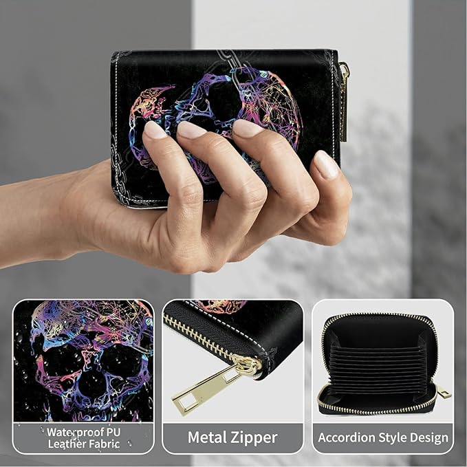 BWEGRHE Cute Credit Card Holder with Zipper, Shackle Skull RFID-Blocking Card Case Small Wallet for Women Men, Multi-slot Card Organizer Case Travel Accordion Wallet