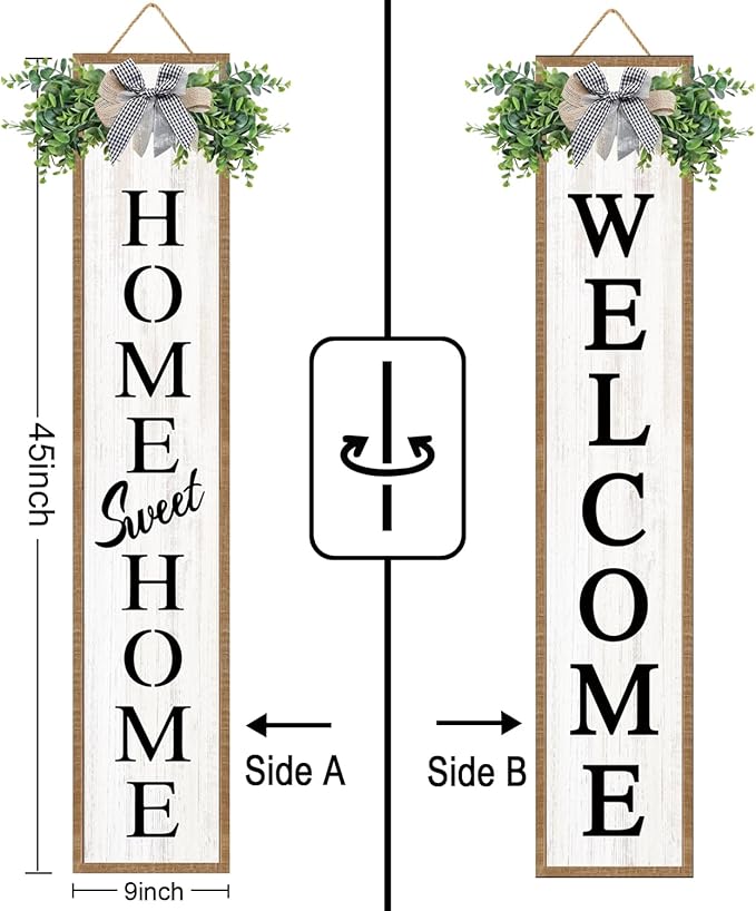 Double-sided Welcome Wooden Sign Stand with Magnetic-adhesive Wreath for Front Door, 47" Vertical Farmhouse Home Sweet Home Porch Sign for Outdoor Patio Garden, 2in1 Large Tall Porch Leaner Decor