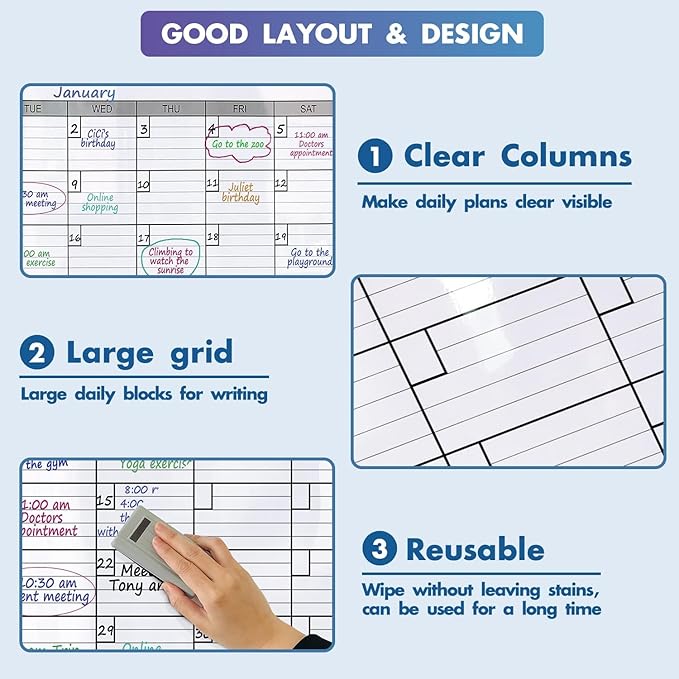 Magnetic-Receptive Dry Erase Two Month Laminated Jumbo Wall Calendar, 38" x 50",Big Whiteboard Calendar with Iron Sheet Backing-Works with Magnetic Markers Eraser, Giant Blank Poster with Square