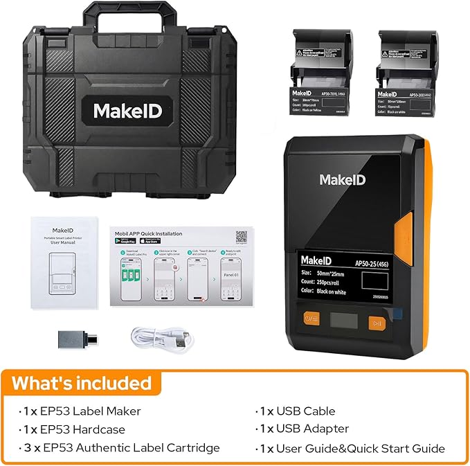MakeID EP53 Label Maker with Hard Case, Portable Industrial 2" Print Head Bluetooth Label Printer, Mobile APP & PC Editor Compatible, 2000mAh Li-ion Battery, Come with 3 Label Cartridges for Job Sites