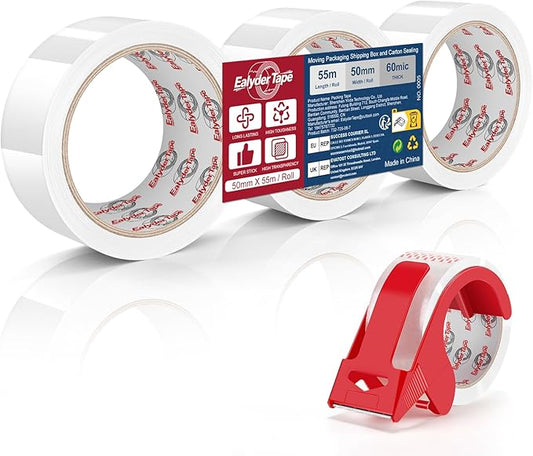 Ealyder Tape Transparent Packing Tape 2 inch x 60 Yards, 3 Rolls with Dispenser – Clear Heavy-Duty Parcel Tape for Secure Packaging, Total 180 Yards