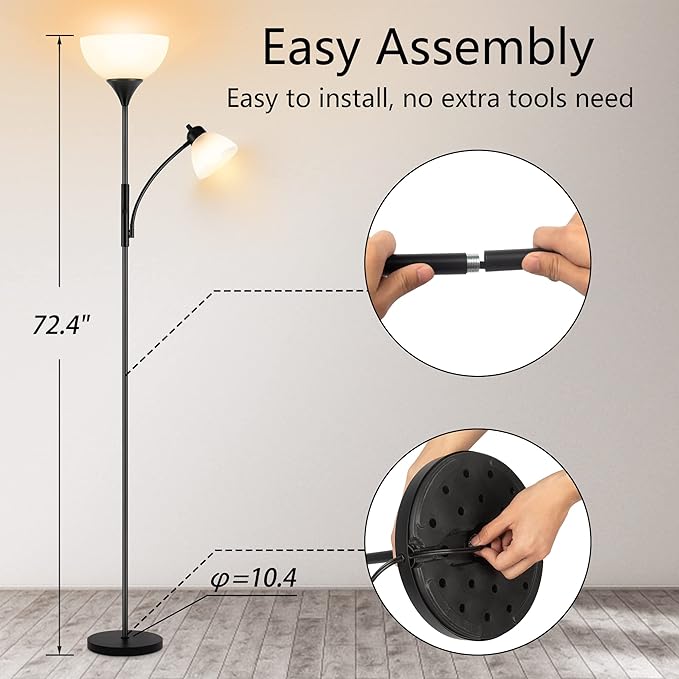 RISLG Floor Lamp, Dimmable Standing lamp, Stepless Dimming Brightness, Included 9W and 5W LED Bulbs, Industrial Floor Lamp for Living Room, Bedroom, Office, Reading