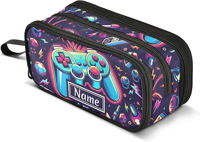 BOENLE Custom Bright Game Joystick Pencil Case Box Boys Girls Personalized Name Large Pencil Pouch Stationery Pen Bag Organizer for Kids Adults School Office