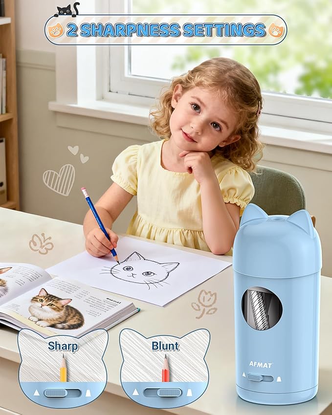 AFMAT Electric Pencil Sharpener, Pencil Sharpener for Kids, Auto in & Out, Colored Pencil Sharpeners for φ7-8mm Pencils, Rechargeable & Cordless, Fully Automatic Hands-Free for Classroom Home PSX9