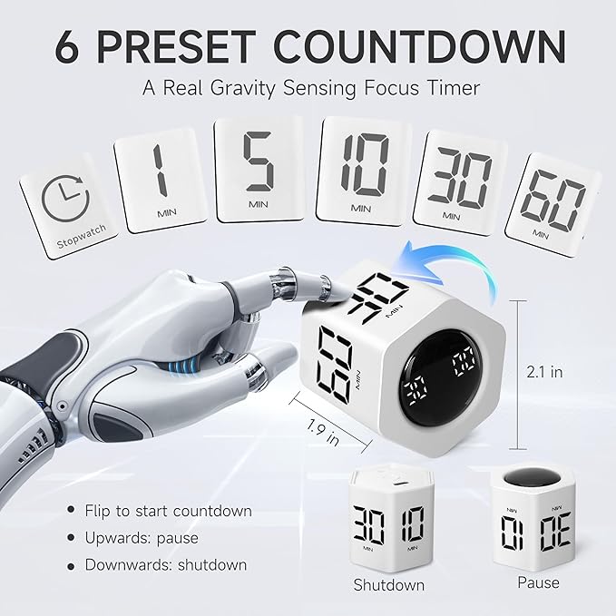 Exlliy Productivity Timer 1, 5, 10, 30, 60 Minutes Preset, Desk Cube Timer with Gravity Sensor/Mute/Vibration for ADHD, Work, Study, Kitchen, Back to School (1, White)