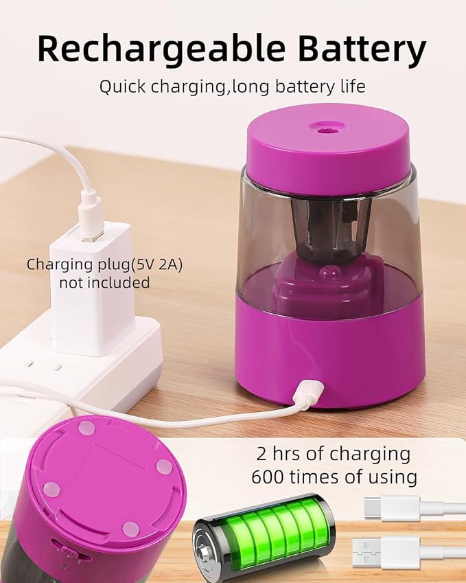 ZMOL Electric Rechargeable Pencil Sharpener, Automatic Pencil Sharpeners Kids, Battery Pencil Sharpeners for Colored Pencils, Auto Stop, Suitable for No.2(6-8mm), School/Home Pink