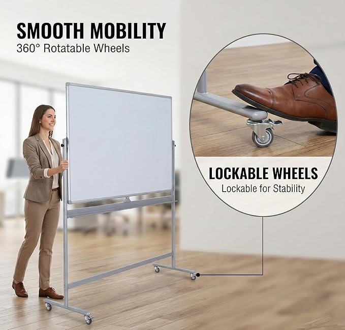 DexBoard Large Double Sided Whiteboard 72x40 inches on Wheels, Height Adjustable Mobile Magnetic Dry Erase Board with Rolling Stand for Office Meetings, Classroom Teaching, Home, Silver Frame