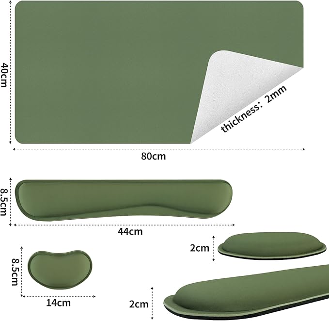 Bloss Keyboard Wrist Rest + Mouse Wrist Rest + Leather Desk Mat, Non-Slip Desk Mat Protector for Office, Home(31.5×15.7 Inches,Olive Green)