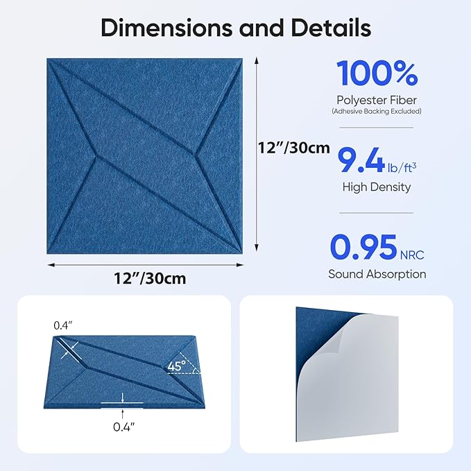 UNECHO 12 Pack 12" X 12" X 0.4" Acoustic Panels for Wall Sound Absorbing, P-Stripes Square Self-Adhesive Sound Panels, High Density Suitable for Multiple Scenarios(Yale Blue)