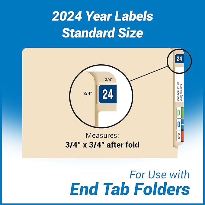 2024 Year Stickers, Doctor Stuff 2024 Chart Stickers, Blue/White Color Coded, Ringbook Sheets, Reynolds & Reynolds Style, USA Made Year Labels for End Tab File Folders, 270/Package, 3/4" x 1-1/2"