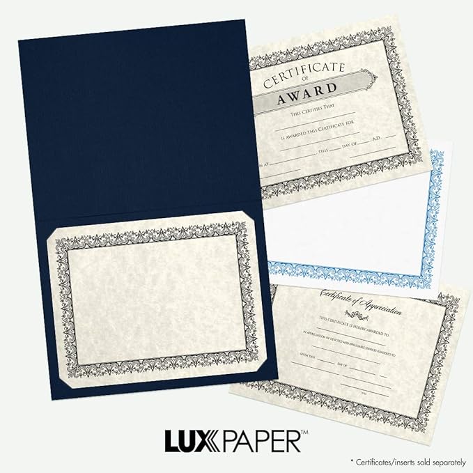 LUXPaper 9.5" x 12" Certificate Holders | Nautical Blue Linen | Embossed Gold Foil Border | 100lb. Cover | 25 Qty