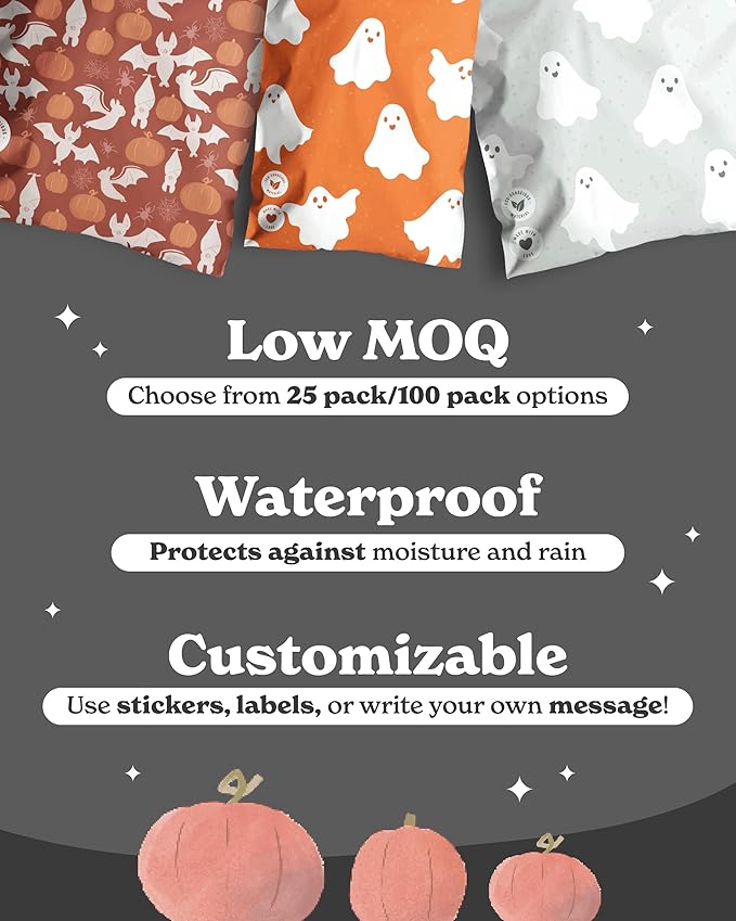 Poly Mailers 10 x 13 Inch- 100 pack Biodegradable Shipping Bags for Clothes - Impack Self-Seal Waterproof Thick Mailing Envelope for Accessories & Clothing - Halloween Bats