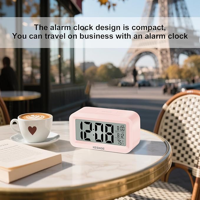 KESHIDE Travel Digital Alarm Clock Battery Operated with Indoor Temperature, Desk Small Clock,Snooze Model,12/24H Display for Bedrooms Heavy Sleepers Kids Travel Bathroom
