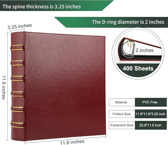 LETVPVOW Vintage Hardback 3 Ring Binder 2 Inch, Professional Leather Binders 2 Inch D Ring, Holds 400 Sheets Capacity 2 Pack - Dark Red