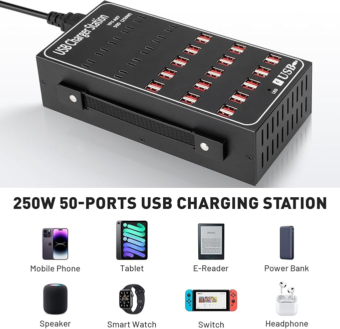 250W Charging Station for Multiple Devices, (20 USB C+30 USB A), Stations for MacBook, iPhone, Android Cell Phone, iPad, Tablet, Family Multi-Device Organizer Charging Dock (Black)