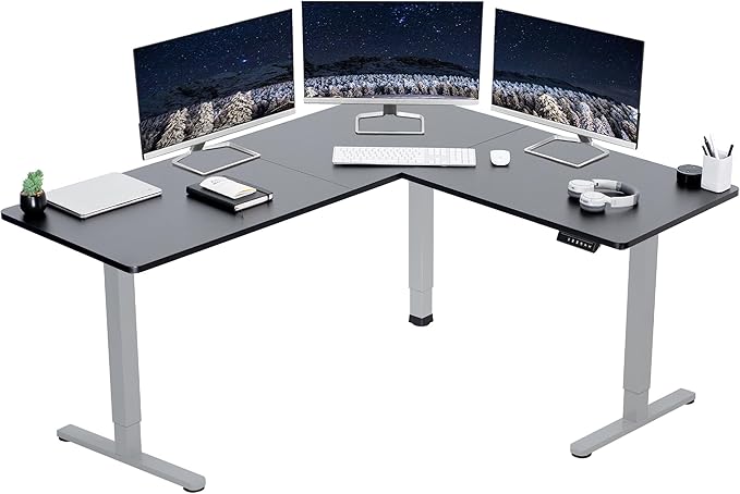 VIVO Electric Corner 63 x 55 inch L-Shaped Standing Desk, Memory Height Adjustment, Black Top Gray Frame, DESK-E3CTGB
