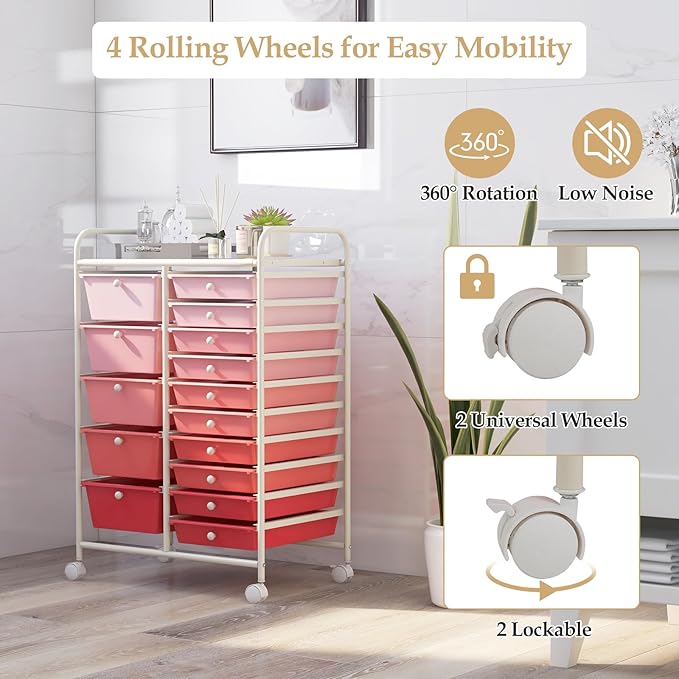 HAPPYGRILL 15-Drawer Rolling Cart, Storage Carts with Removable Drawers & Steel Frame, Utility Cart on Lockable Wheels for Home, School, Office, Pink