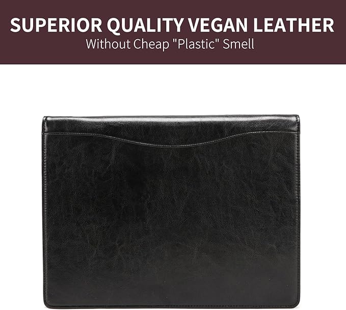 Geslun Vegan Leather 3 Ring Binder, 8.5 x 11 Letter Size Folio with Pen Holder, Soft Notebook Portfolio Cover, Slim Notepad Padfolio Thin File Organizer for Work Executive Meeting, Black
