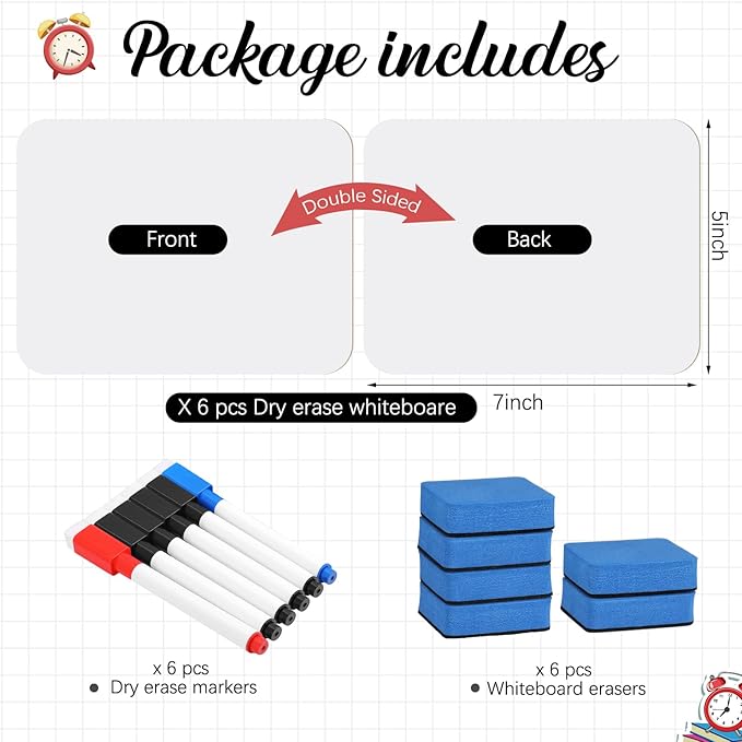 Affrolling 6 Sets Small Whiteboard Dry Erase Boards 5" x7'' Mini Double Sided Dry Erase Lap Boards with Markers Erasers Pen Holders Personal Whiteboards for Students Classroom Teacher