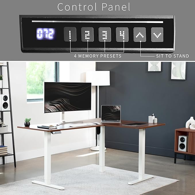 VIVO Electric Corner 63 x 47 inch L-Shaped Standing Desk, Memory Height Adjustment, Dark Walnut Top White Frame, DESK-E3CTWD-47
