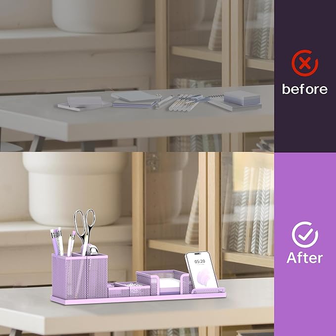 SUPEASY Pen Holder for Desk, 6 Piece Mesh Desk Organizer set for Office Organization with Mail Organizer, Letter Phone Holder, Sticky Notes Caddy Storage, Purple