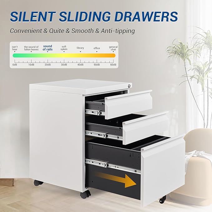 Fesbos 3 Drawer Mobile Metal File Cabinet, White Filling Cabinets with Lock, Pre-Built Office Storage File Cabinet with Wheels Under Desk - Assembled Required