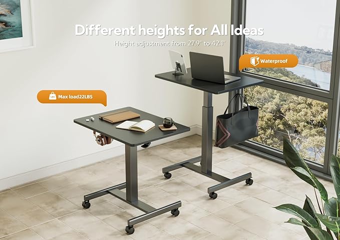 YDN Mobile Mobile Standing Desk, Adjustable Height Portable Laptop Desk with Lockable Wheels, 25.5" x 18.8" Rolling Desk with Hook for Computer Workstation, Black