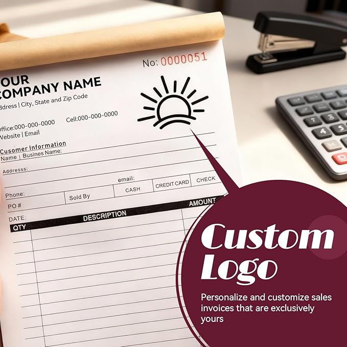 100 Sets Custom 5.7" X 8.5" Invoice Receipt Book, Personalized Duplicate Carbonless Form with Logo/Text, Paper 2-Part/3-Part in Bulk Purchase Orders, Sales Orders, Price Forms (2-Part)