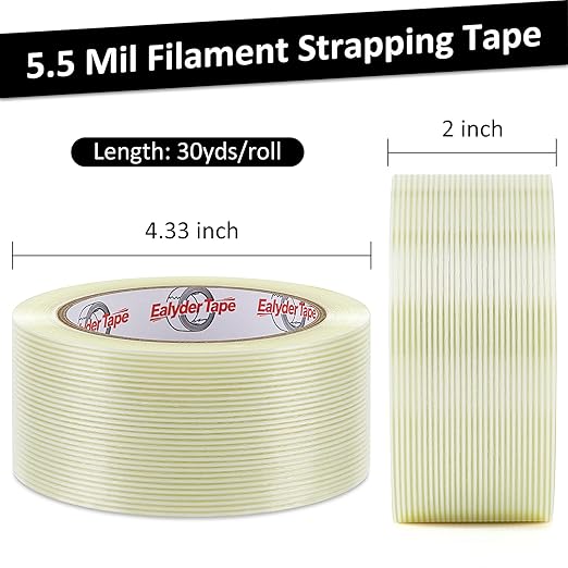 Ealyder Tape 2 Inch x 30 Yards Transparent Reinforced Fiberglass Tape – 5.5 Mil Filament Strapping Tape, Adhesive Heavy Duty