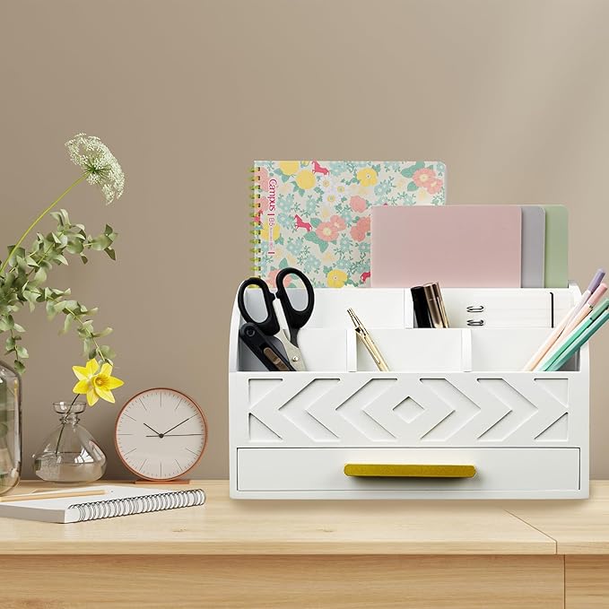 ZALIOJI Wooden Desk Organizer Mail Organizer Countertop, Desktop Organizer Mail Sorter Mail Holder Bill Organizer for Desk, Desk Organizers and Accessories for Women (White)