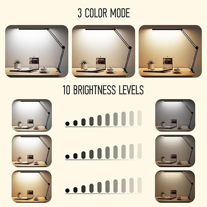 BZBRLZ LED Desk Lamp, Manicure Table Lamp, Eye-Caring Drafting Light, Dimmable Office Table Lamp with 3 Color Modes, 10 Brightness Levels & Adapter, Memory Function(Black)