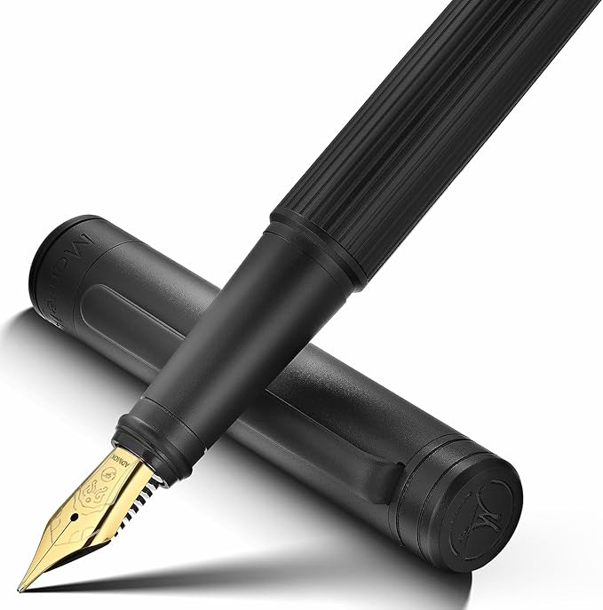 MCNTEIK Matte Black Forest Fountain Pen, Exquisite Vertical Grooving Design, 18K Gilded Nib (Fine), Fancy Pen Gift Set for Men & Women, Professional, Business Signature, Office, Nice Designer Pens