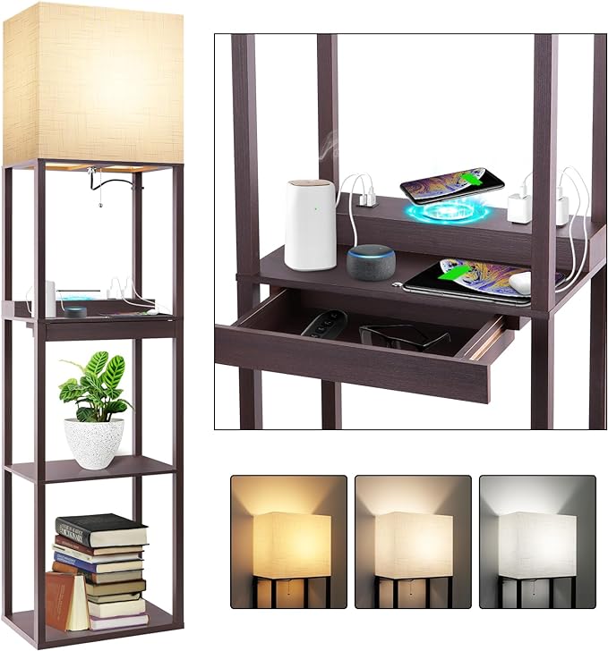 RUNTOP Floor Lamp with Shelves, Modern Standing Lamp with Wireless Charger, 1 Drawer and 2 USB Ports & 2 Power Outlet, 15W LED Bulb 3 Colors, Memory Function, Shelf Lamp for Living Room and Bedroom