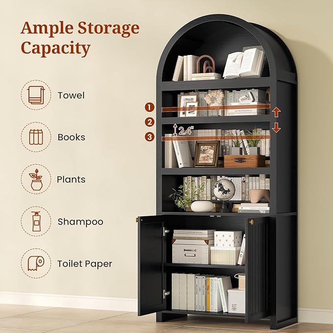 81" Tall Arched Cabinets,Bookcase with storage,Mid-Century Modern 6-Tier Bookshelf with Door,2 Book Risers and Adjustable Shelves offering more storage space for Living Room,Kitchen,Home Office,Black
