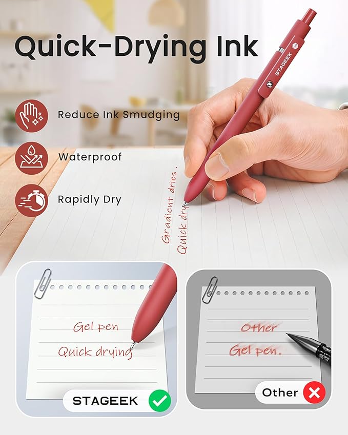 STAGEEK Red Gel Pens, 6Pcs Quick Dry Red Ink Pens with 3 Extra Refills, Fine Point Retractable Smooth Writing Pens for Journaling, Note Taking, School Supplies, Nurse Aesthetic, Office(Red)