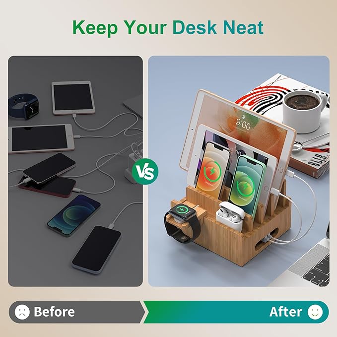 Pezin & Hulin Cell Phone Charging Stations, Bamboo Dock Organizer for Multi Devices, Tablets, Smart Watch, with Pack 5 Cables, No Power Charger Supply
