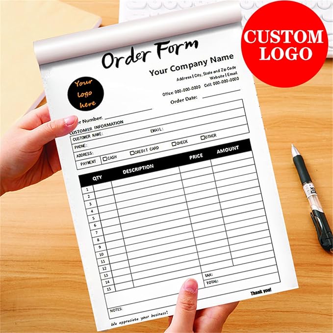 Custom Invoice Book in 3-Part /2-Part Receipt Book with Carbon Copies Personalized Carbonless Service Invoice Form Books Sales Order Book with Company Name Logo Address,B-Order Form Book with Logo